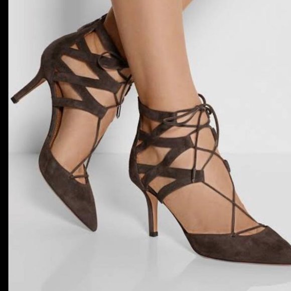 Sz 36.5 6.5 Aquazzura Black Suede Tie Up Cut Out Heels - Picture 4 of 10